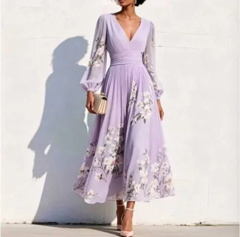 Robe longue élégante pour femme, avec un décolleté en V profond et des manches longues