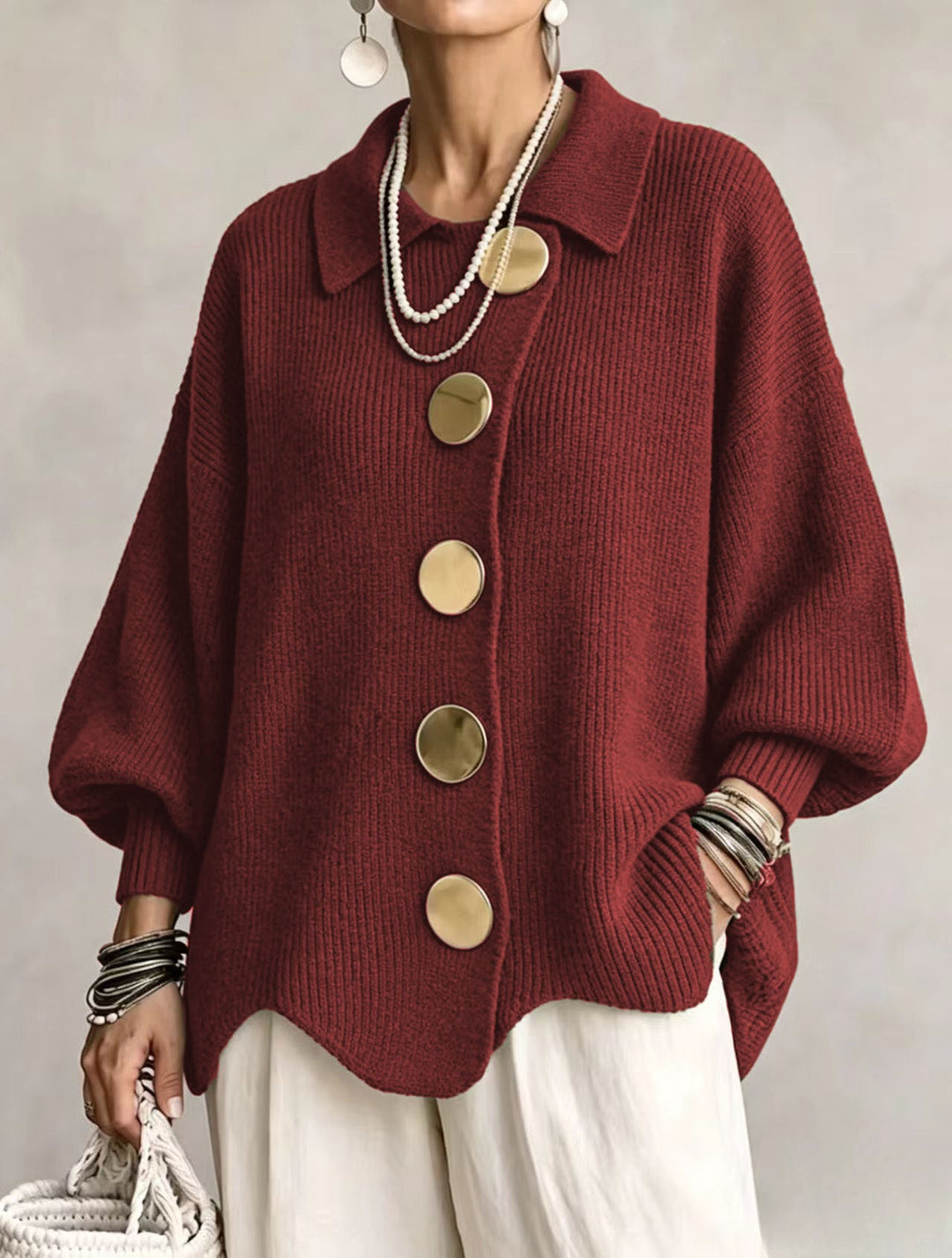 Isadora | Cardigan Oversize avec Col et Grands Boutons en Métal