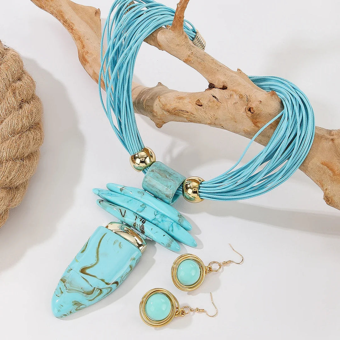 Ensemble de bijoux western mode irrégulier imitation turquoise collier en corde cirée et boucles d'oreilles