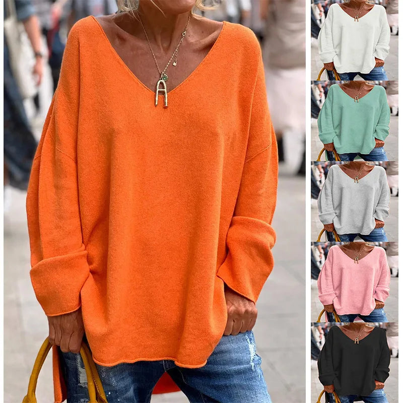 Women's Comfortable V-Neck Long Sleeve Knit Sweater Solid Color Casual Loose Fit Pullover Top Versatile Long Sleeve