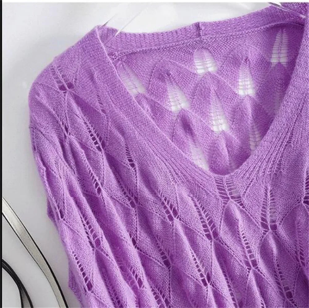Pulls d'été oversize pour femme, sexy et ajourés, en maille fine, tendance et décontractés, unis, à col en V et manches longues, en crochet