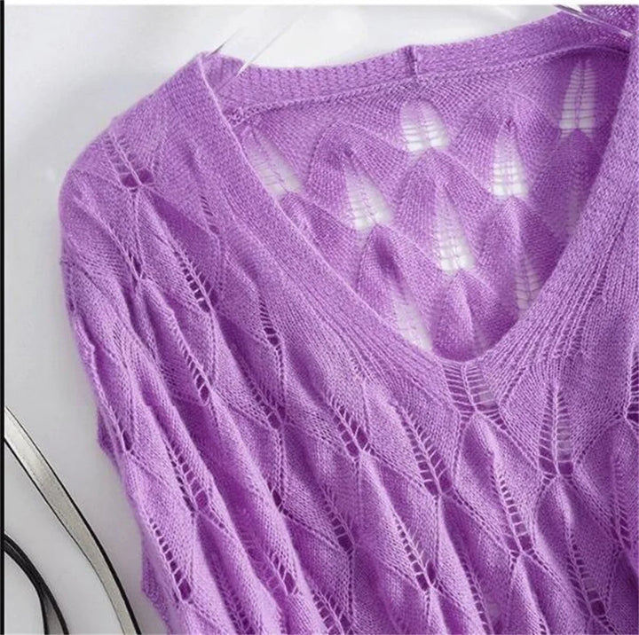 Pulls d'été oversize pour femme, sexy et ajourés, en maille fine, tendance et décontractés, unis, à col en V et manches longues, en crochet