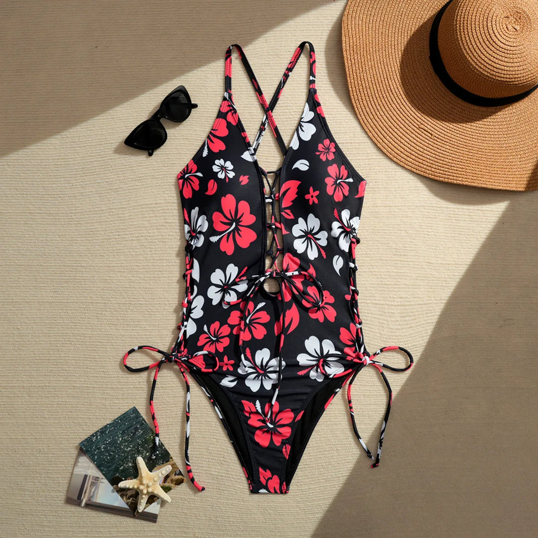 Ensemble tankini à motif floral imprimé  Maillot de bain pour fille : soutien-gorge sans bretelles à bretelles réglables et short de bain à motif floral, bikini à cordon de serrage, ensemble de plage pour femme