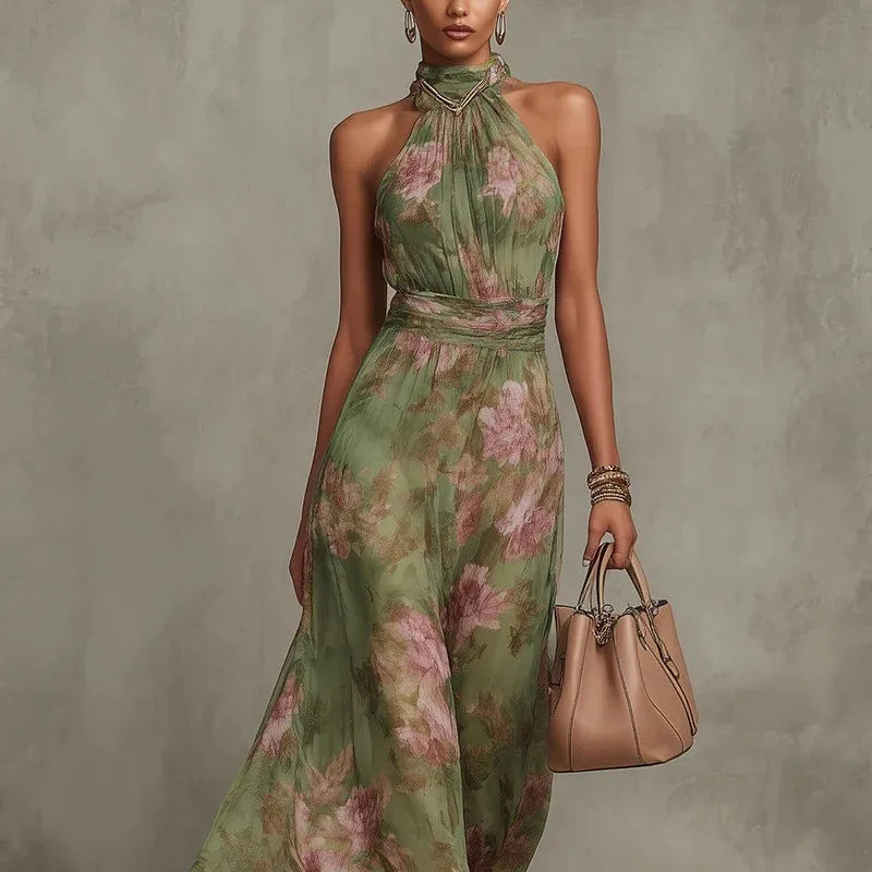 Robe longue pour femme, imprimé floral vert, dos nu, sans manches, col montant, taille froncée, en mousseline fluide, robe de soirée