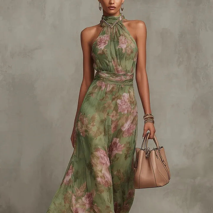 Robe longue pour femme, imprimé floral vert, dos nu, sans manches, col montant, taille froncée, en mousseline fluide, robe de soirée