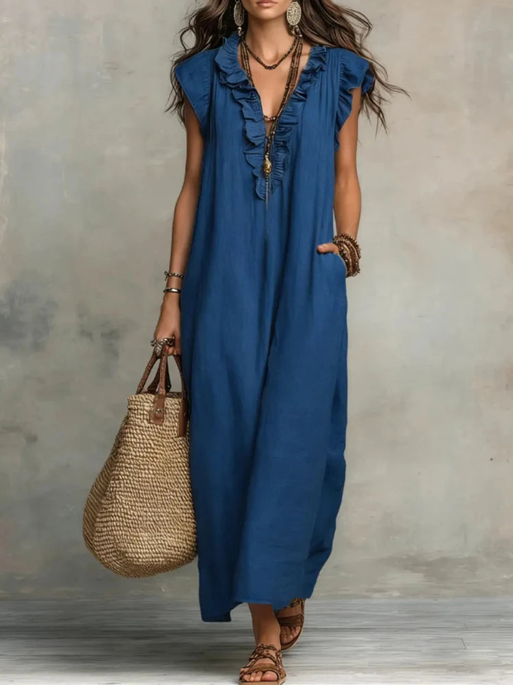 2026 New Bohemian Maxi Dress Ladies Ruffle V Neck Sleeveless Loose Fit Long Sundress Casual Solid With Pockets Dress