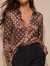 Art de Vague au Coucher de Soleil Chemise Satinée Femme Manches Longues Boutonnée Blouse Effet Soie Col Revers V Cou Détaché Top de Bureau de Fête Grande Taille S-3XL