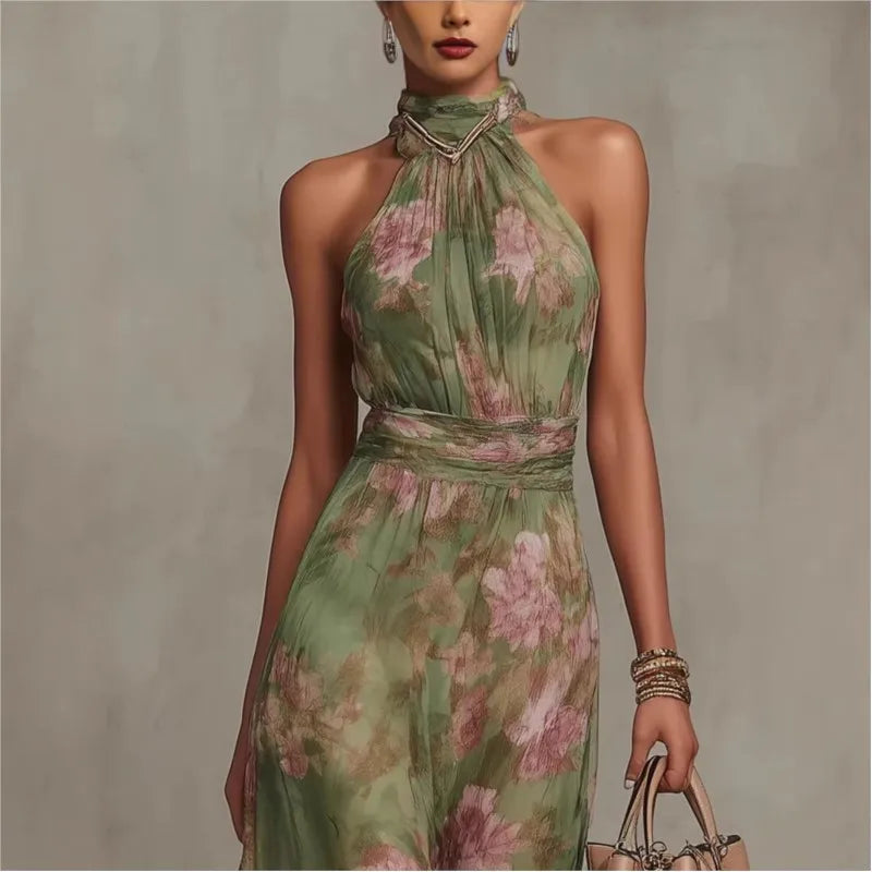 Robe longue pour femme, imprimé floral vert, dos nu, sans manches, col montant, taille froncée, en mousseline fluide, robe de soirée