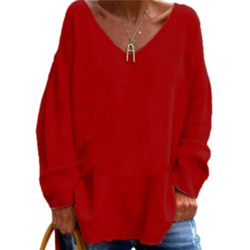 Women's Comfortable V-Neck Long Sleeve Knit Sweater Solid Color Casual Loose Fit Pullover Top Versatile Long Sleeve
