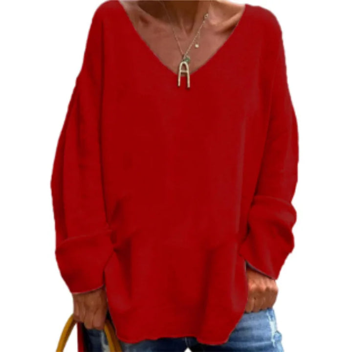Women's Comfortable V-Neck Long Sleeve Knit Sweater Solid Color Casual Loose Fit Pullover Top Versatile Long Sleeve