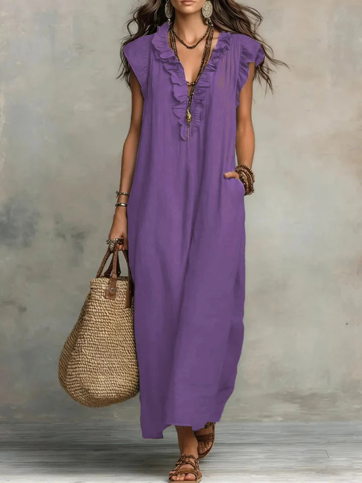 2026 New Bohemian Maxi Dress Ladies Ruffle V Neck Sleeveless Loose Fit Long Sundress Casual Solid With Pockets Dress