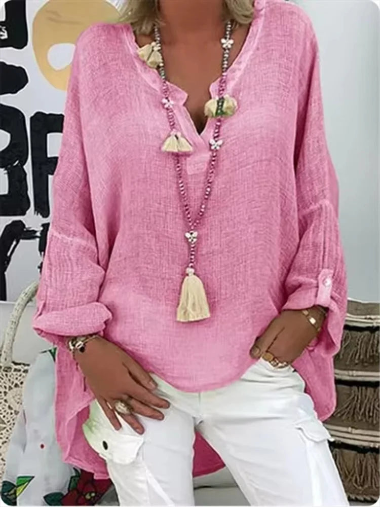 Chemise ample 6 couleurs - Haut décontracté unie pour femme - Printemps-automne - Col en V - Manches longues