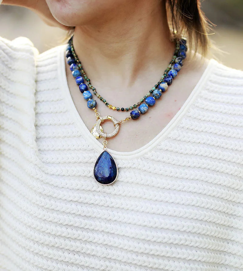 Collier Lariat en Perles avec Pendentif en Améthyste Naturelle