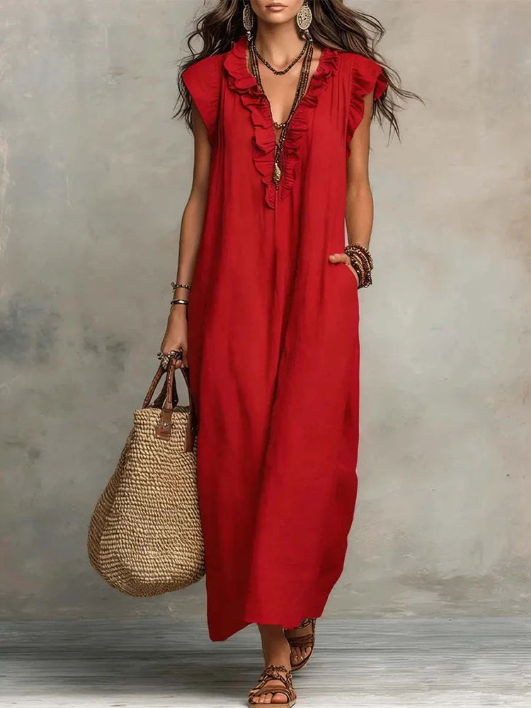 2026 New Bohemian Maxi Dress Ladies Ruffle V Neck Sleeveless Loose Fit Long Sundress Casual Solid With Pockets Dress