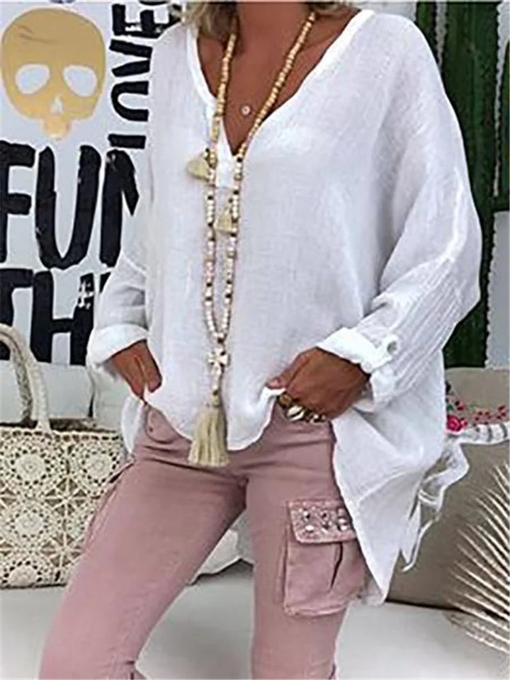 Chemise ample 6 couleurs - Haut décontracté unie pour femme - Printemps-automne - Col en V - Manches longues