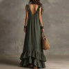 Robe longue bohème à volants pour femme, ourlet irrégulier, col en V profond, coupe ample, robe de soirée longue, nouveauté été, sans manches, couleur unie, robe de plage