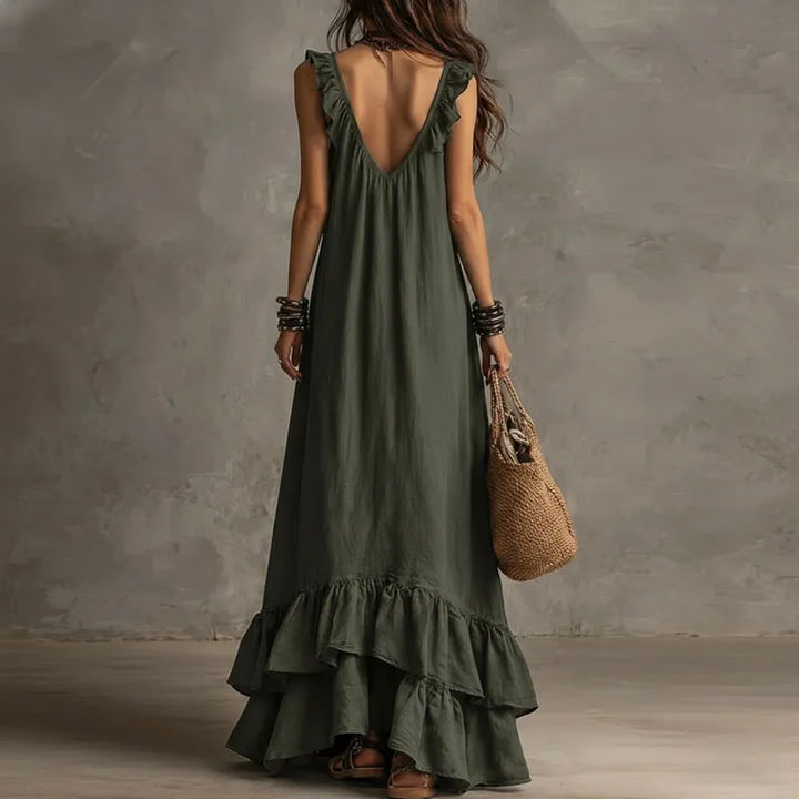Robe longue bohème à volants pour femme, ourlet irrégulier, col en V profond, coupe ample, robe de soirée longue, nouveauté été, sans manches, couleur unie, robe de plage