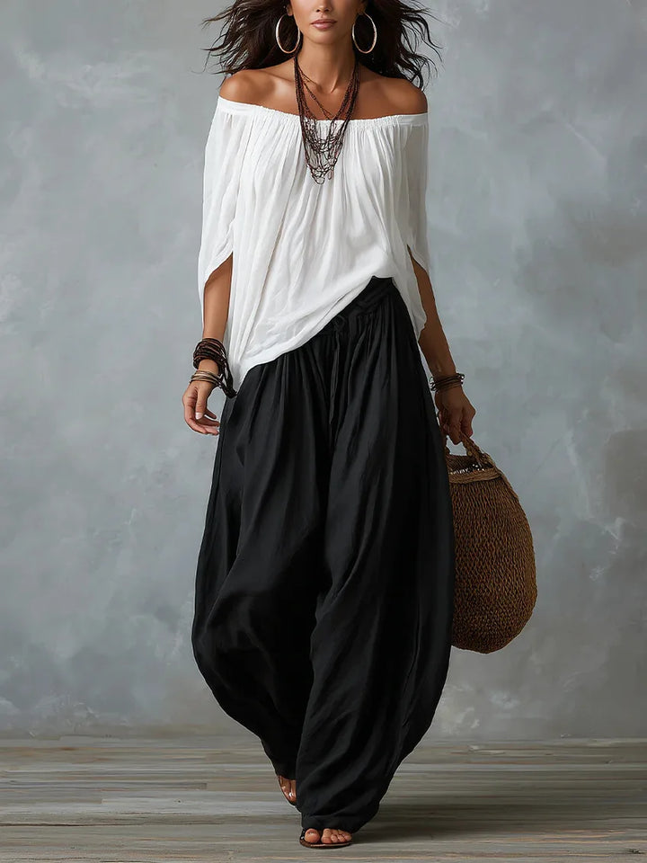 Ensemble T-shirt Off-Shoulder et Pantalon Large, Élégant et à la Mode