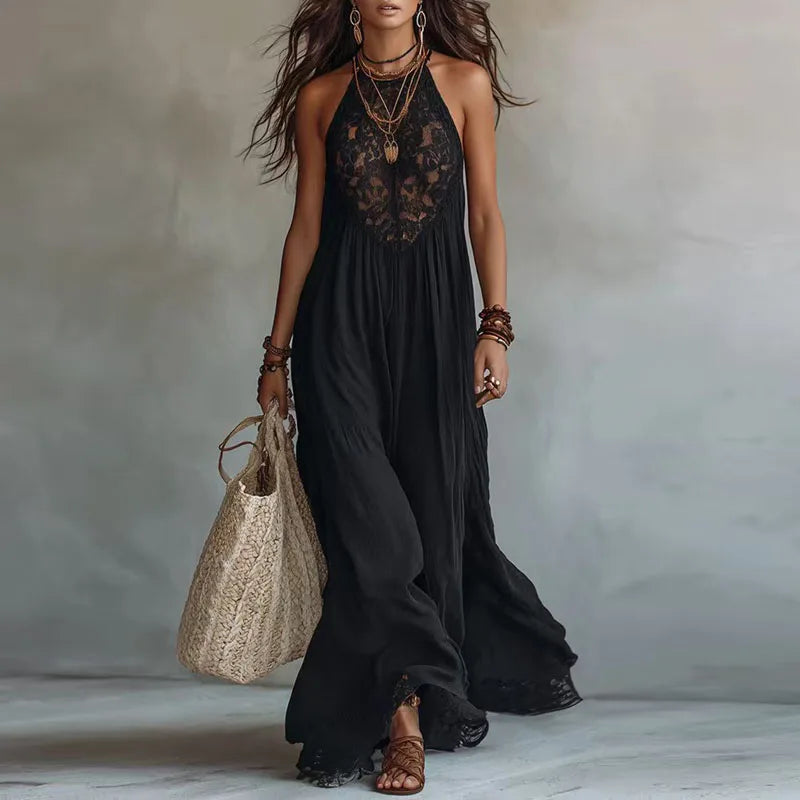 Women’s Halter Neck Maxi Dress New Lace Sleeveless Flowy Loose A-Line Dress Bohemian Casual Solid Hem Beach Holiday Long Dresses