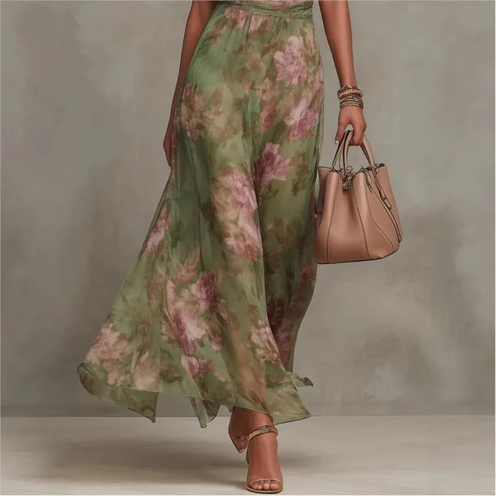 Robe longue pour femme, imprimé floral vert, dos nu, sans manches, col montant, taille froncée, en mousseline fluide, robe de soirée