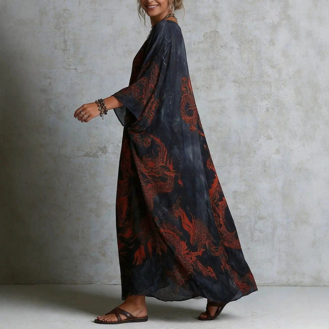 Robe Élégante de Mode à Col V Imprimé Vintage pour Femmes, Robe Décontractée à Manches Chauve-Souris, Robe Couvrante Confortable