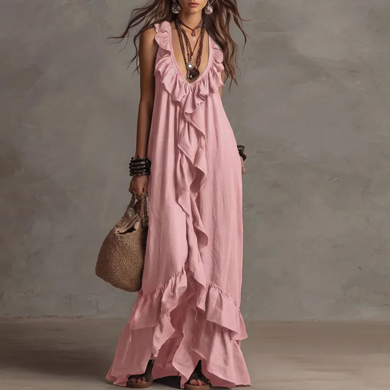 Robe longue bohème à volants pour femme, ourlet irrégulier, col en V profond, coupe ample, robe de soirée longue, nouveauté été, sans manches, couleur unie, robe de plage