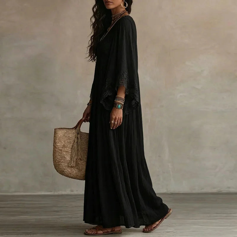 Robe longue unie pour femme, col en V, en dentelle au crochet, manches cloche, plissée, fluide, ample, coupe trapèze, style bohème, estivale, plage, décontractée