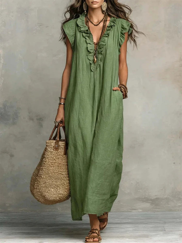 2026 New Bohemian Maxi Dress Ladies Ruffle V Neck Sleeveless Loose Fit Long Sundress Casual Solid With Pockets Dress