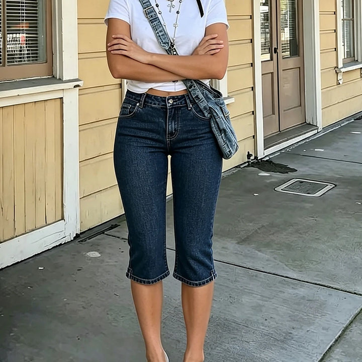 American Retro Low Rise Capri Jeans for Women Stretch Straight Leg Denim Capris Skinny Knee Length Cropped Pants Y2k Streetwear