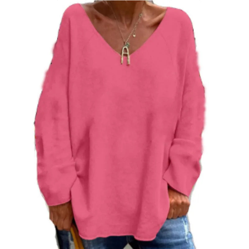 Women's Comfortable V-Neck Long Sleeve Knit Sweater Solid Color Casual Loose Fit Pullover Top Versatile Long Sleeve