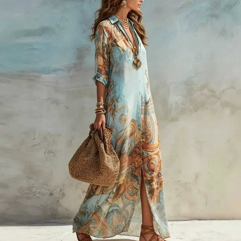 Robe chemise d'été bohème à imprimé floral pour femme, style décontracté, avec revers, manches 3/4, boutonnée, coupe ample, longue, robe maxi, pour la plage et les vacances, robe d'été fluide