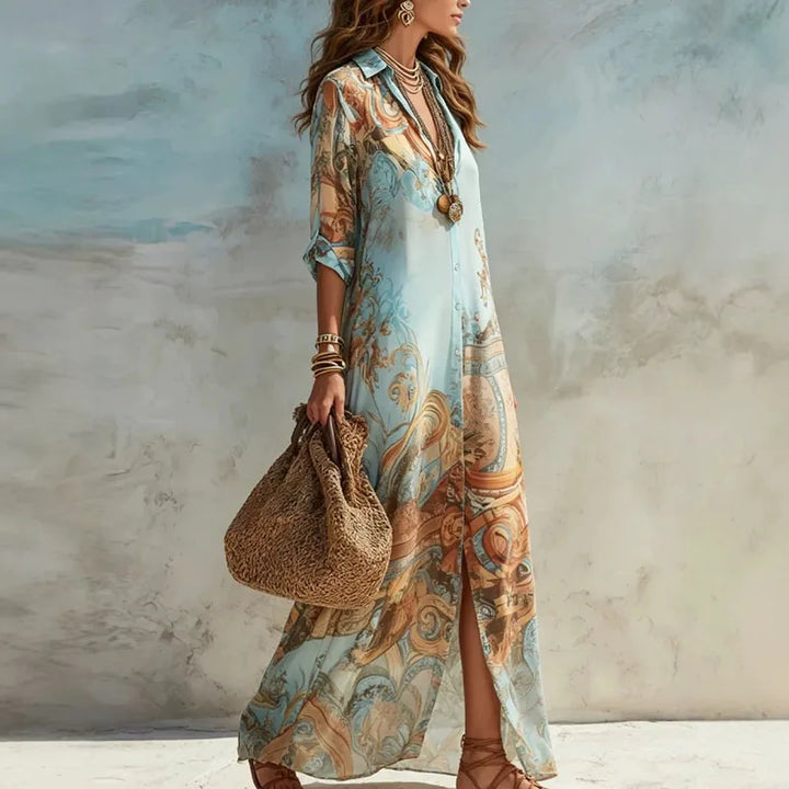 Robe chemise d'été bohème à imprimé floral pour femme, style décontracté, avec revers, manches 3/4, boutonnée, coupe ample, longue, robe maxi, pour la plage et les vacances, robe d'été fluide