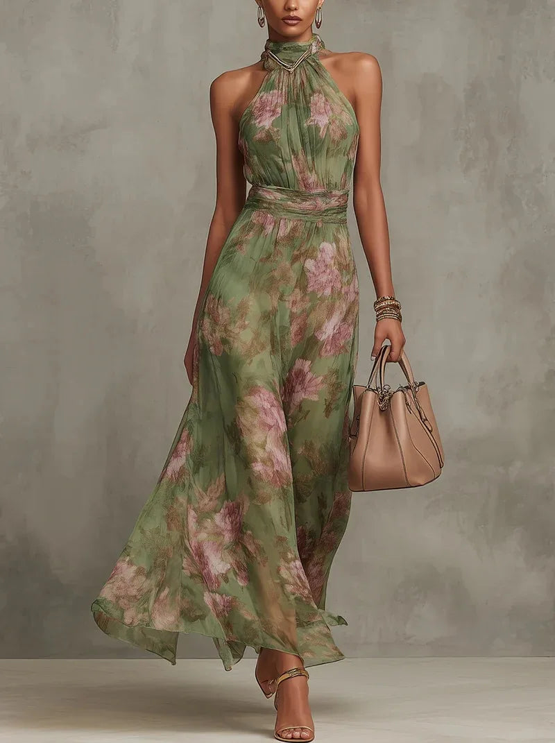 Robe longue pour femme, imprimé floral vert, dos nu, sans manches, col montant, taille froncée, en mousseline fluide, robe de soirée