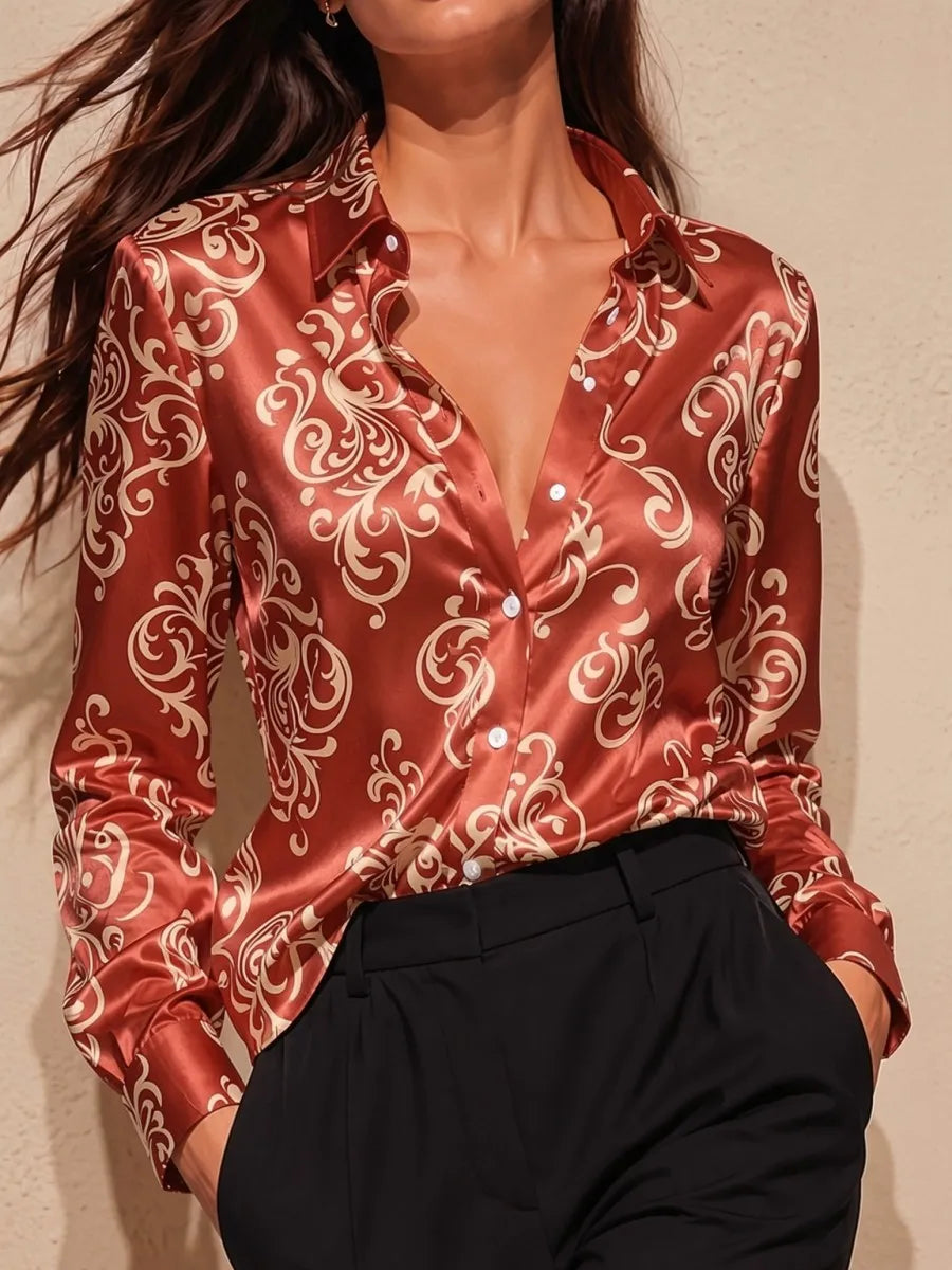 Art de Vague au Coucher de Soleil Chemise Satinée Femme Manches Longues Boutonnée Blouse Effet Soie Col Revers V Cou Détaché Top de Bureau de Fête Grande Taille S-3XL
