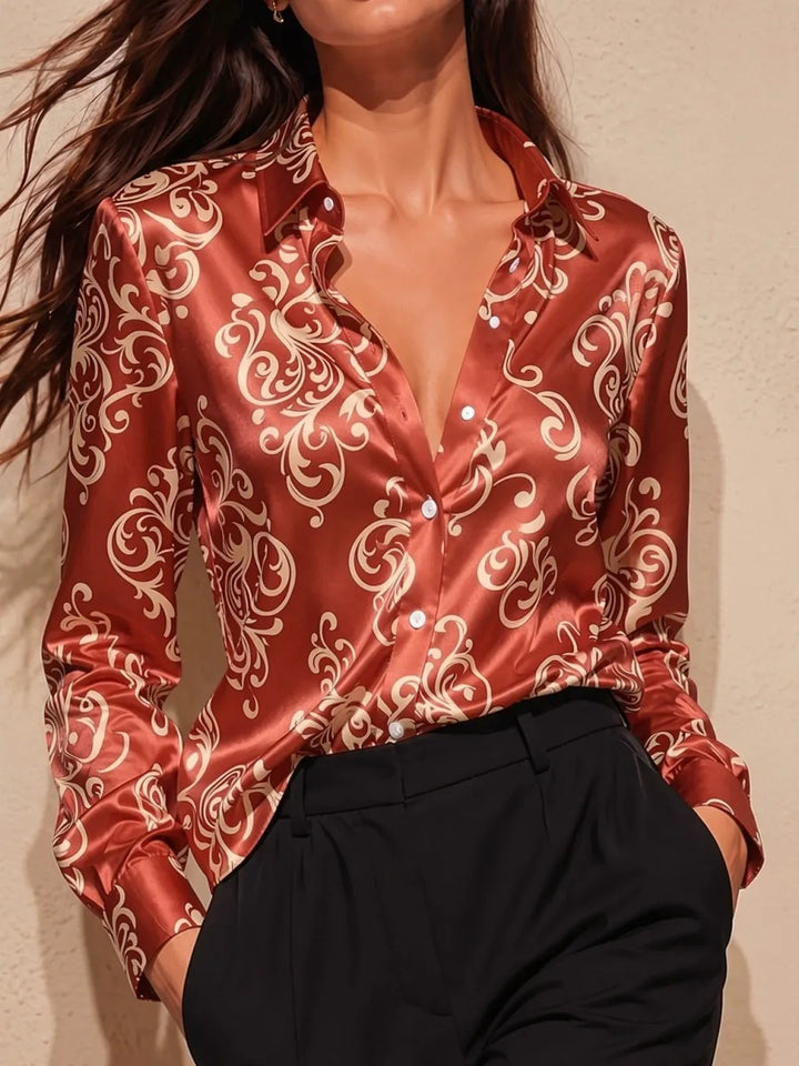 Art de Vague au Coucher de Soleil Chemise Satinée Femme Manches Longues Boutonnée Blouse Effet Soie Col Revers V Cou Détaché Top de Bureau de Fête Grande Taille S-3XL