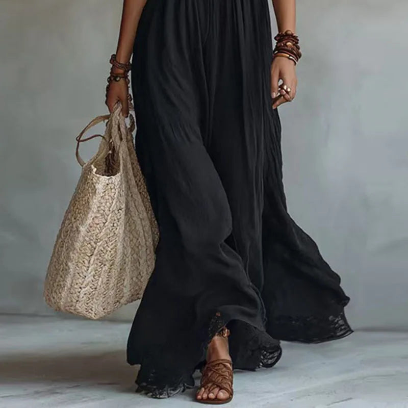 Women’s Halter Neck Maxi Dress New Lace Sleeveless Flowy Loose A-Line Dress Bohemian Casual Solid Hem Beach Holiday Long Dresses