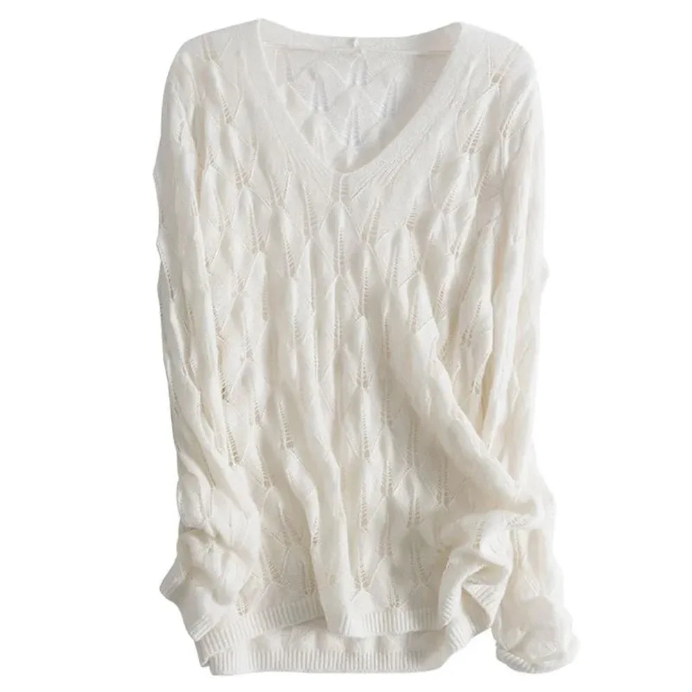 Pulls d'été oversize pour femme, sexy et ajourés, en maille fine, tendance et décontractés, unis, à col en V et manches longues, en crochet