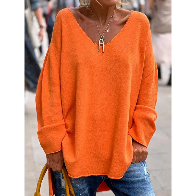 Women's Comfortable V-Neck Long Sleeve Knit Sweater Solid Color Casual Loose Fit Pullover Top Versatile Long Sleeve