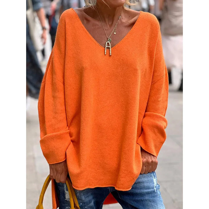 Women's Comfortable V-Neck Long Sleeve Knit Sweater Solid Color Casual Loose Fit Pullover Top Versatile Long Sleeve