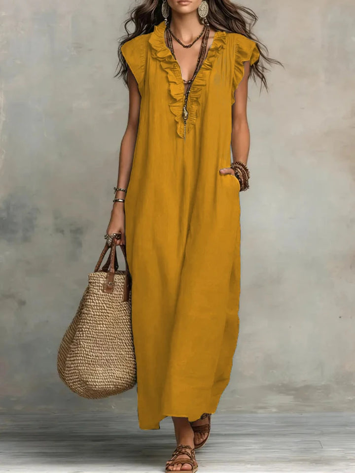 2026 New Bohemian Maxi Dress Ladies Ruffle V Neck Sleeveless Loose Fit Long Sundress Casual Solid With Pockets Dress