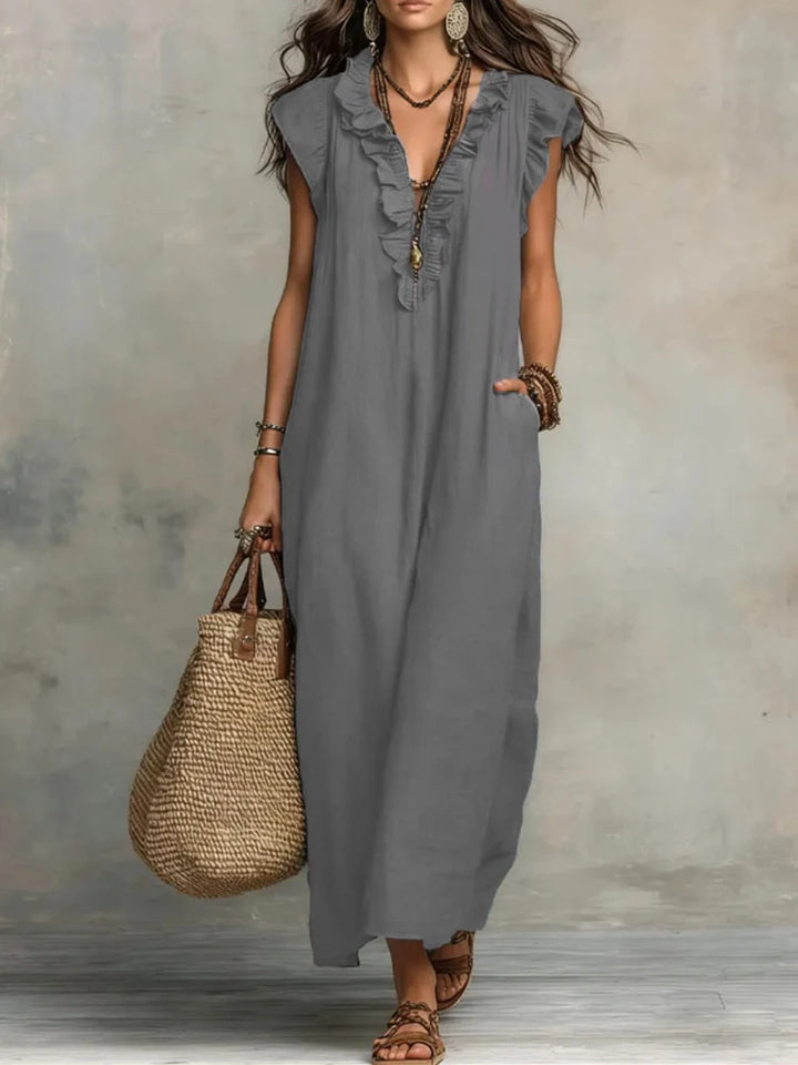 2026 New Bohemian Maxi Dress Ladies Ruffle V Neck Sleeveless Loose Fit Long Sundress Casual Solid With Pockets Dress