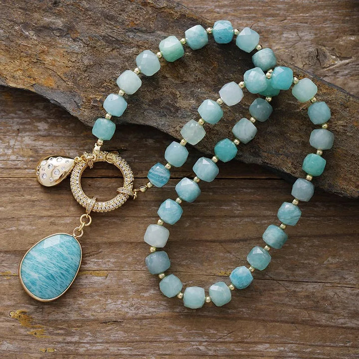 Collier Lariat en Perles avec Pendentif en Améthyste Naturelle
