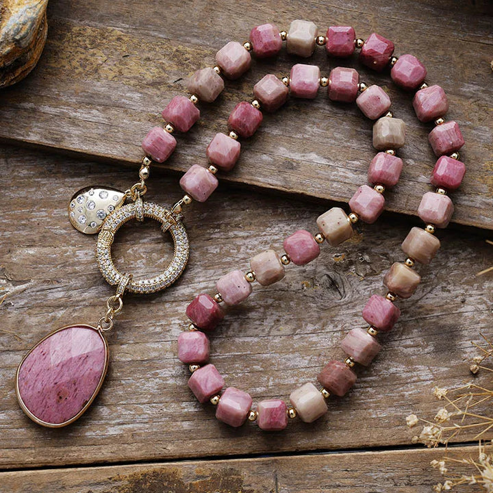 Collier Lariat en Perles avec Pendentif en Améthyste Naturelle