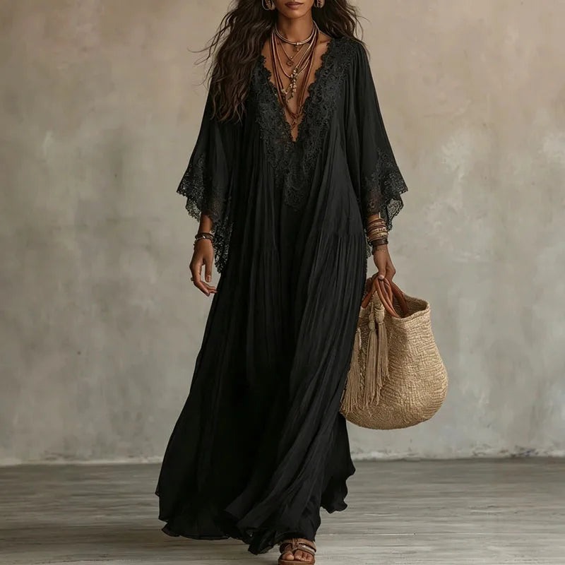 Robes longues vintage en dentelle unie pour femme, col en V profond, manches évasées larges, plis, coupe ample à volants, robe longue élégante pour les vacances et les voyages