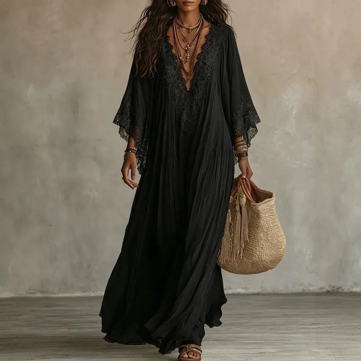 Robes longues vintage en dentelle unie pour femme, col en V profond, manches évasées larges, plis, coupe ample à volants, robe longue élégante pour les vacances et les voyages
