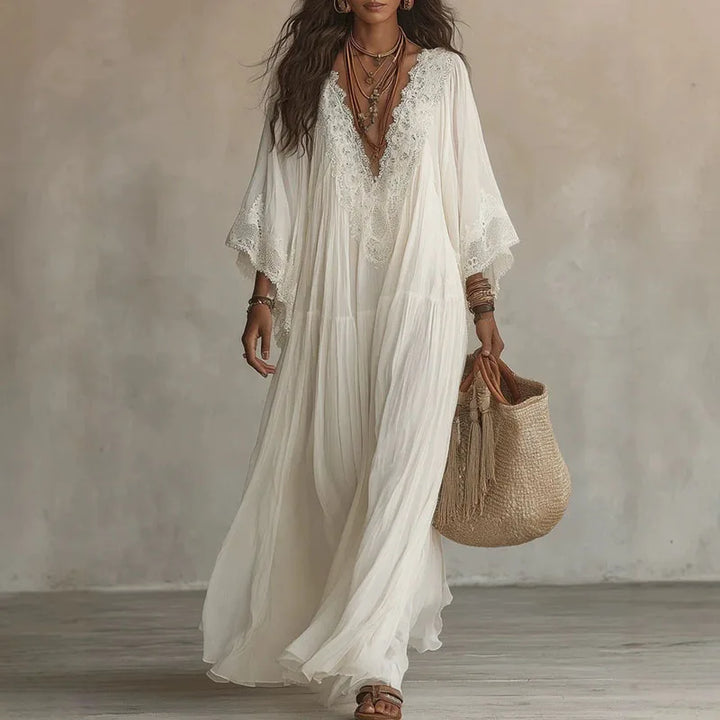 Robes longues vintage en dentelle unie pour femme, col en V profond, manches évasées larges, plis, coupe ample à volants, robe longue élégante pour les vacances et les voyages
