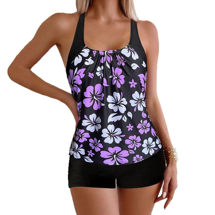 Ensemble tankini à motif floral imprimé  Maillot de bain pour fille : soutien-gorge sans bretelles à bretelles réglables et short de bain à motif floral, bikini à cordon de serrage, ensemble de plage pour femme
