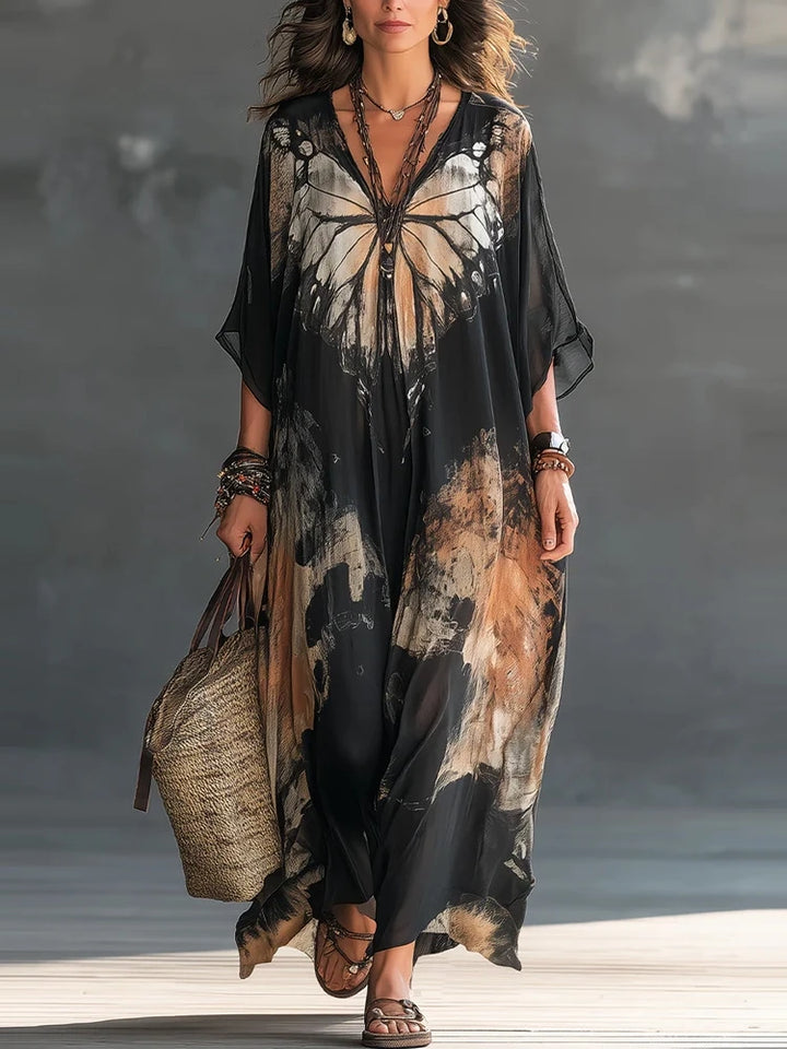 Élégante robe longue en mousseline pour femme, style caftan, à imprimé papillons