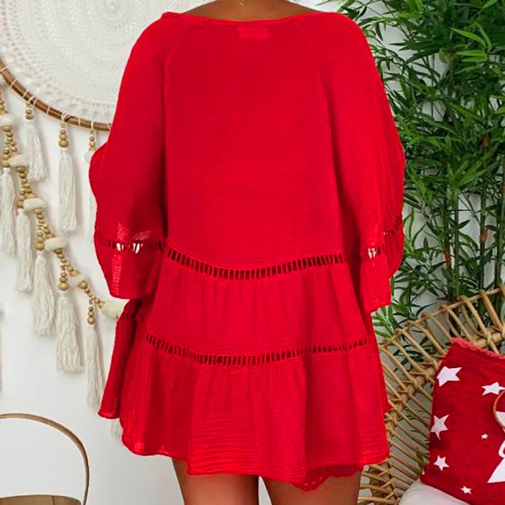Robe d'été sexy, ample et ajourée, col en V, manches longues, en coton et lin, robes de soirée oversize, tailles S à 5XL