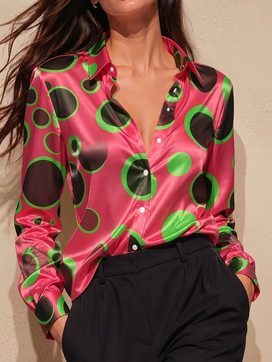 Art de Vague au Coucher de Soleil Chemise Satinée Femme Manches Longues Boutonnée Blouse Effet Soie Col Revers V Cou Détaché Top de Bureau de Fête Grande Taille S-3XL